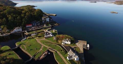 Aerial view of Crinan Canal and Hotel