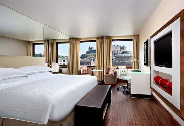 Bedroom at the Sheraton Grand Hotel & Spa with a view of Edinburgh Castle